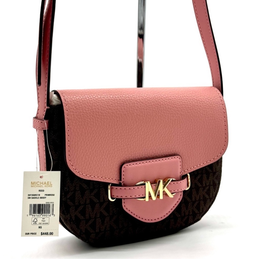 Michael Kors Small Reed Leather Saddle Crossbody Bag Brown/Light Pink